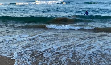 Person in the ocean with waves approaching the shore.