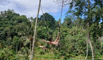 Person swinging high in a tropical forest.