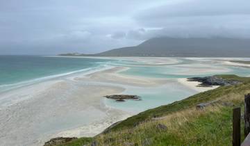 A scenic view of a beach with sand bars and mountains in the background.