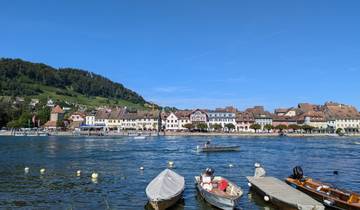 A picturesque lakeside town with boats on the water.