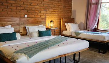 Interior of a room with two beds and wooden decor.