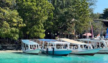 Small boats docked on crystal-clear waters near a lush, green shoreline.