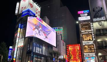 Vibrant cityscape with neon lights and electronic billboards at night.