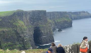 People observing the Cliffs of Moher with the sea in the background.