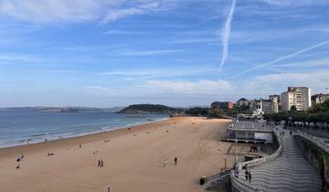 Sandy beach with a distant view of a city.