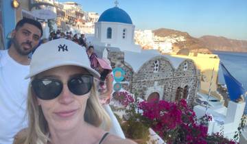 A selfie with famous Santorini architecture and sea view.