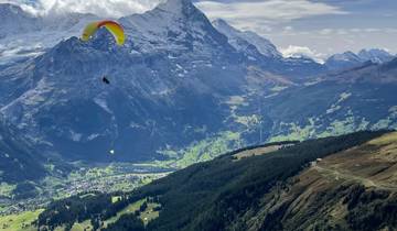 Paraglider soaring above scenic mountain landscape