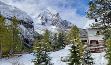 Snow-capped mountains with trees and a small lodge.