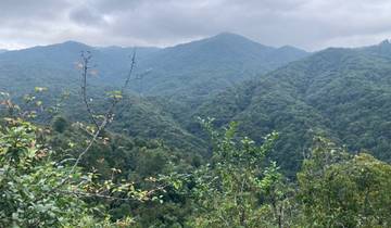 Lush green mountains under a cloudy sky.
