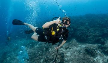 Underwater scuba diver raising a thumb up.