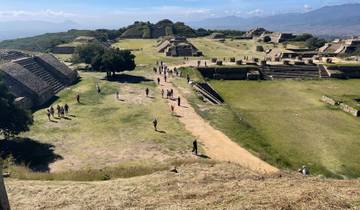 Wide view of ancient ruins with tourists walking around.