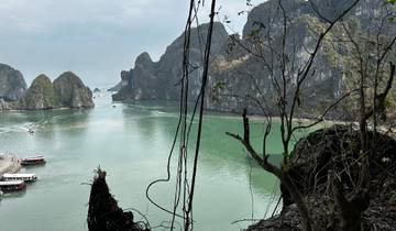 View from a cave looking out to limestone formations and water.