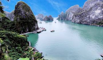 Dramatic view of Halong Bay with limestone formations.