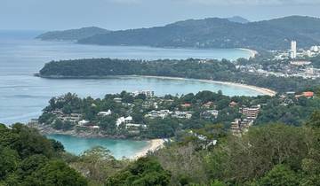 Panoramic view of a coastal landscape with a beach and vegetation.