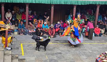 Vibrant traditional performance with onlookers seated around.