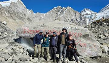 Group of hikers posing at the Everest Base Camp landmark.
