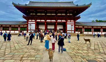 A temple entrance with tourists and deer wandering around.