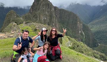 Family posing with Machu Picchu in the background.