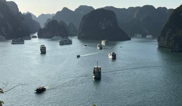 A fleet of boats sailing through a picturesque bay surrounded by limestone karsts.
