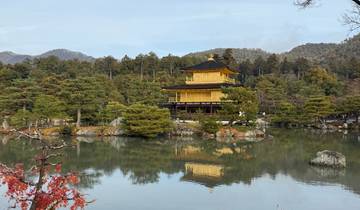 A golden temple surrounded by water and trees.