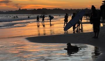 Silhouette of surfers and a dog at a sunset beach.