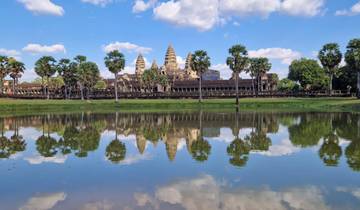 Reflection of ancient temple ruins and palm trees in a still body of water.