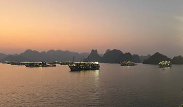 Numerous boats sailing on a serene bay at sunset.
