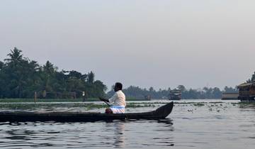 Man paddling a canoe on a calm river with palm trees.