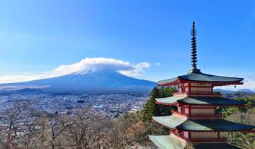 View of a pagoda with Mount Fuji in the background.