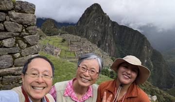 Tourists posing with the backdrop of Machu Picchu.