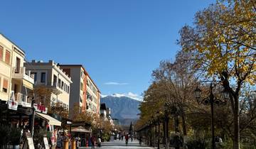 City street view with mountain in the background.