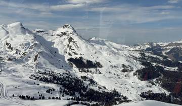 Stunning snow-capped mountain range with forests.