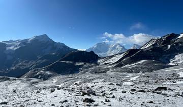 Snow-capped mountains and rugged terrain in the Himalayas.