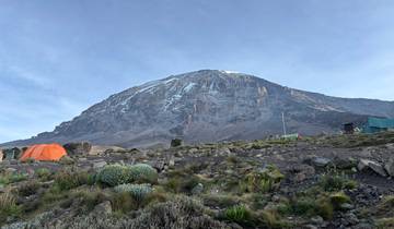 Base camp with orange tents at the foot of a mountain.