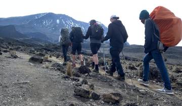 Group of hikers on a trail with snowy mountains.