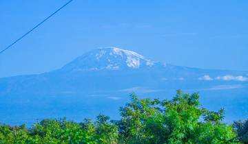 Distant view of Mount Kilimanjaro with snow at the summit.