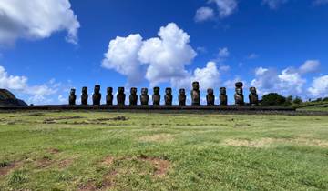 Panoramic view of Moai statues against a blue sky on Easter Island.