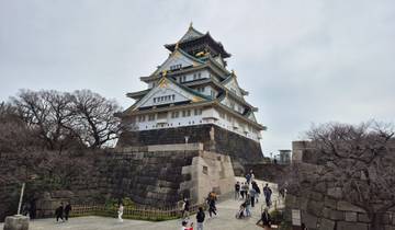 Osaka Castle with visitors walking below.