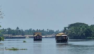 Houseboats on a calm river with lush greenery.