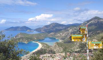 Panoramic view of a bay with mountains and turquoise water.