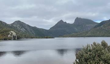 Tranquil lake with mountain backdrop.