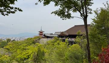 Scenic view of a temple with trees and mountains.