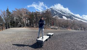Person standing on a bench with a mountain in the background.
