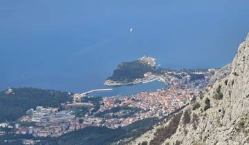 Aerial view of a coastal city with a mountain backdrop.