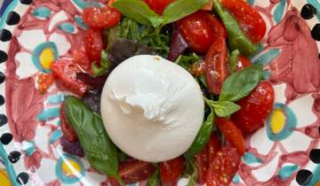 Caprese salad with mozzarella and tomatoes on a colorful plate.