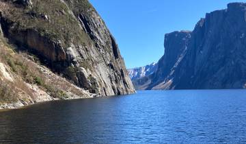 A scenic view of a fjord or lake with steep cliffs under a clear blue sky.