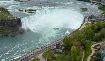 Aerial view of Niagara Falls with surrounding greenery.