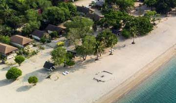 Aerial view of a sandy beach with trees and huts.