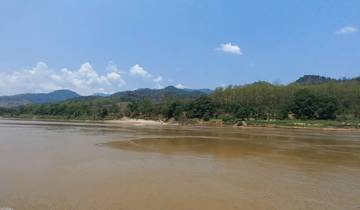 River scene with mountains and trees on a clear day.