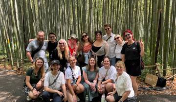 Group of people posing in a bamboo forest.